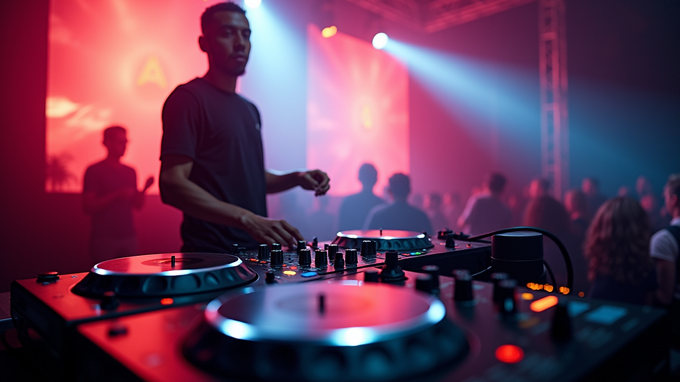 Eye-level view of a DJ performing with vibrant visuals in the background