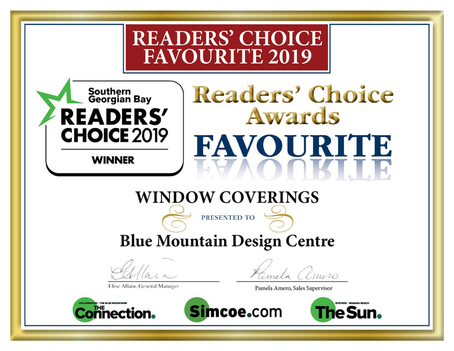 Blue Mountain Design Centre Takes Home Readers' Choice Award for Best Window Coverings of 2019