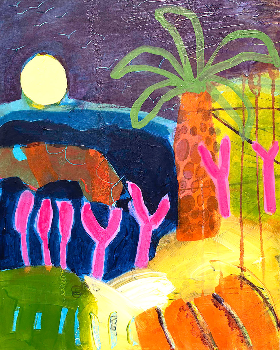 Thumbnail: Palm at Moonlight Acrylic Painting by Suzie Cumming