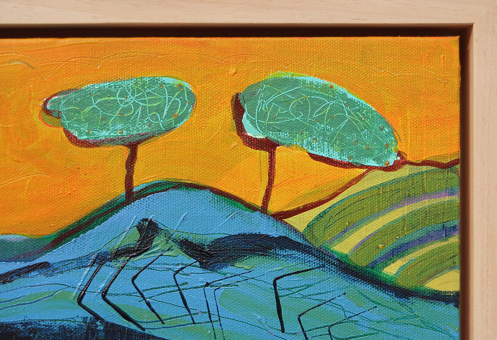 Thumbnail: Trees Painting, oranges and blues by Suzie Cumming