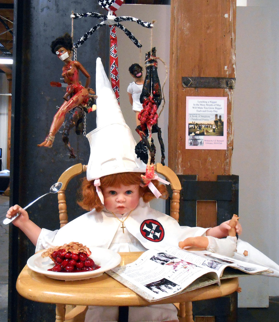 Lili Bernard. Baby doll parts, Barbies, highchair, baby mobile, nails, cotton fabric, rope, chain, scissors, digital photos, children’s book, acrylic paint, 60 x 40 x 30 inches