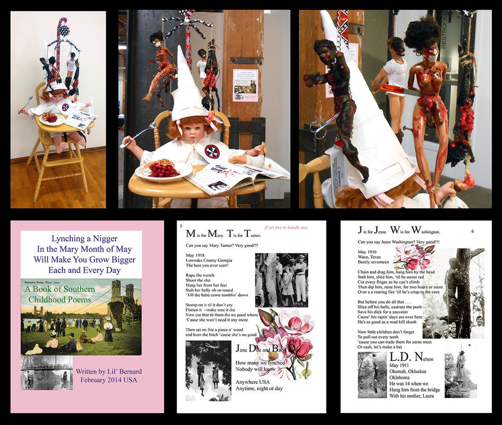 Lili Bernard. As American as Cherry Pie, 2014. Baby doll parts, Barbies, highchair, baby mobile, nails, cotton fabric, rope, chain, scissors, digital photos, children’s book, acrylic paint, 60 x 40 x 30 inches