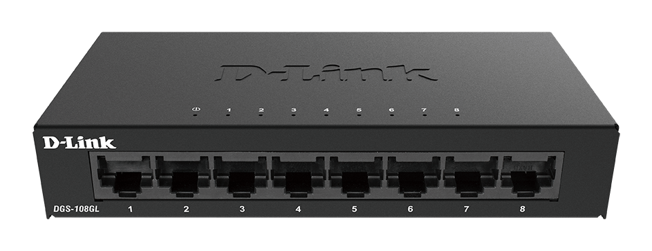 Thumbnail: D‑Link DGS‑105GL metal unmanaged Gigabit switch with 5 LAN ports and LED activity indicators.