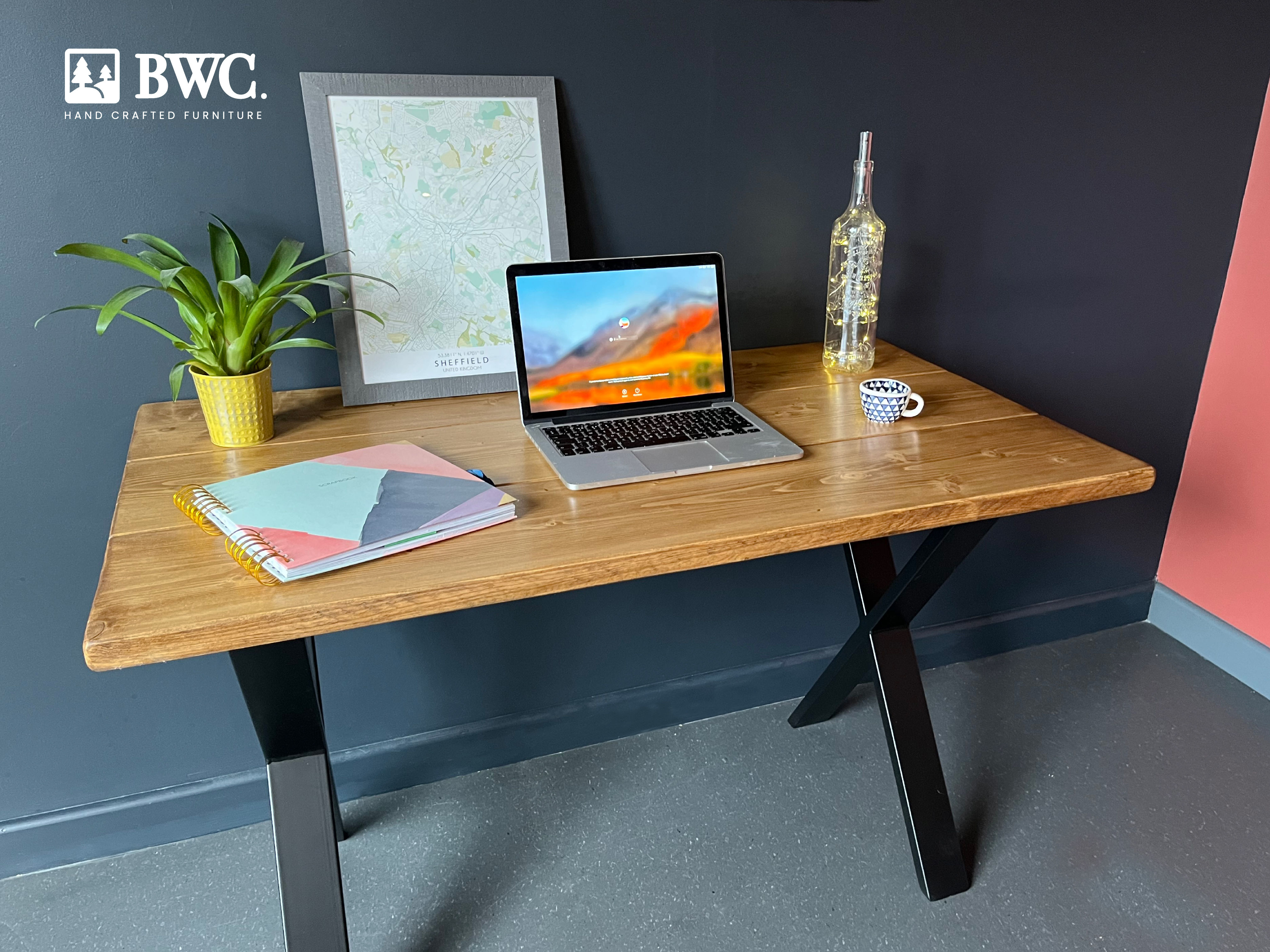 Industrial Reclaimed Wooden Desk with Black Steel X-Frame Legs