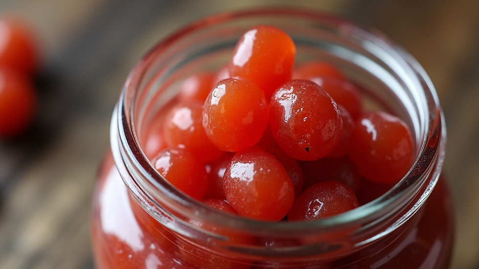 Close-up view of a jar filled with homemade umeboshi