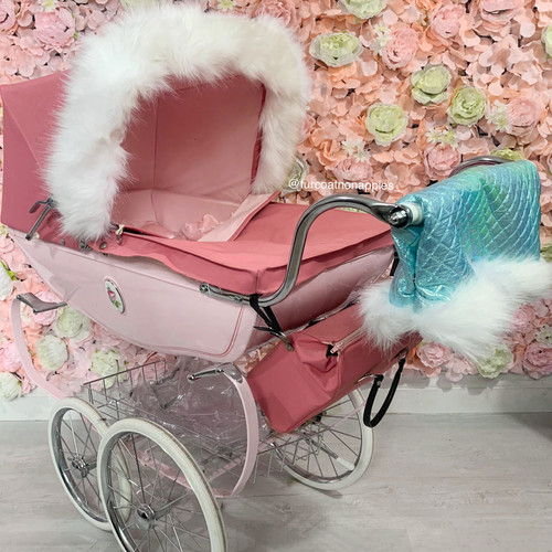 HOT Baby Silver Cross Dolls Pram Fur Hood Silver Cross Dolls