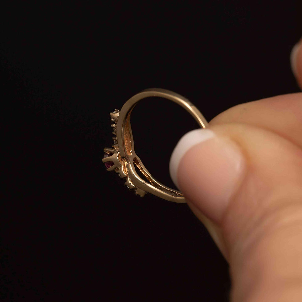 Thumbnail: Vintage 10K Gold Ruby & Diamond Bypass Ring · Unique Whimsical Design
