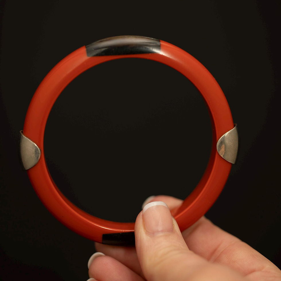 Thumbnail: Vintage Coral Red Lucite Bangle · Shell Inlay · Statement Bracelet