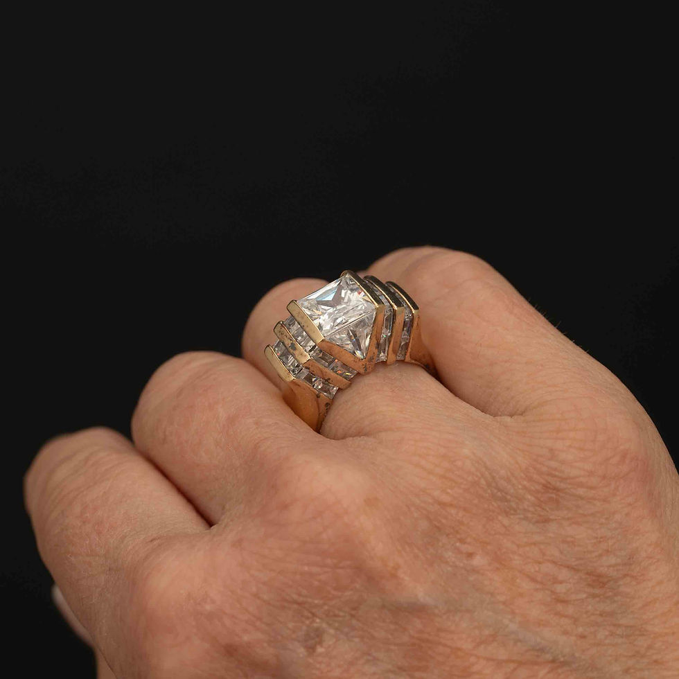 Thumbnail: Vintage Gold Plated Sterling Silver CZ Ring · Princess Cut Statement