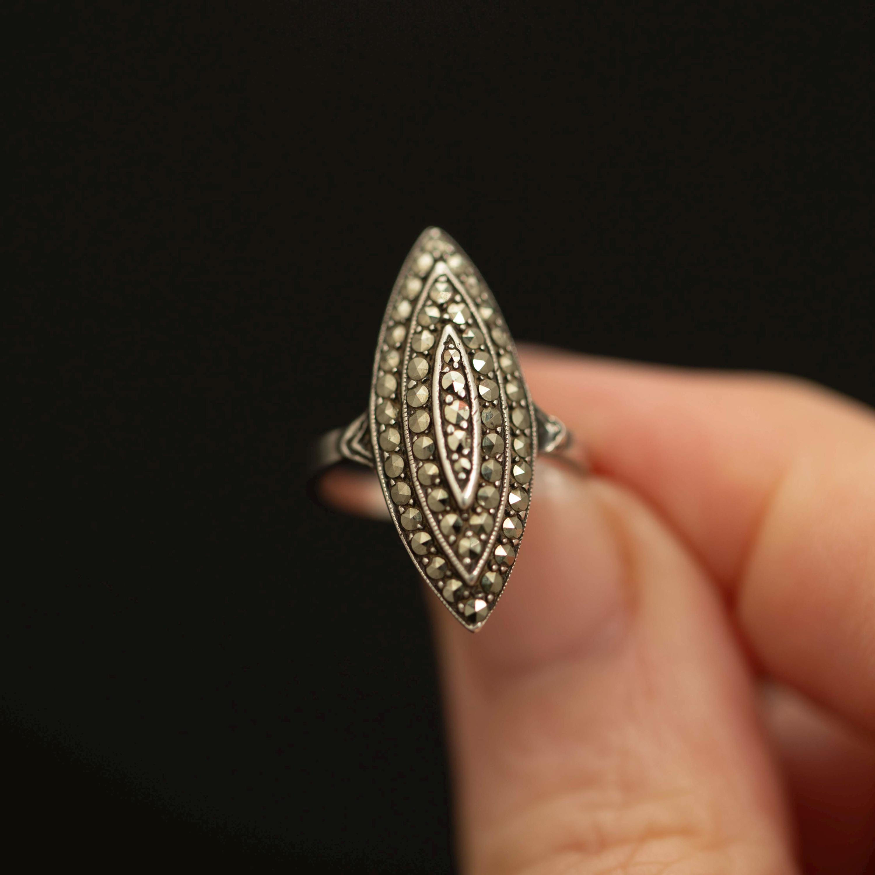 Silver Marcasite Navette Ring, Art Deco Style, Size 4