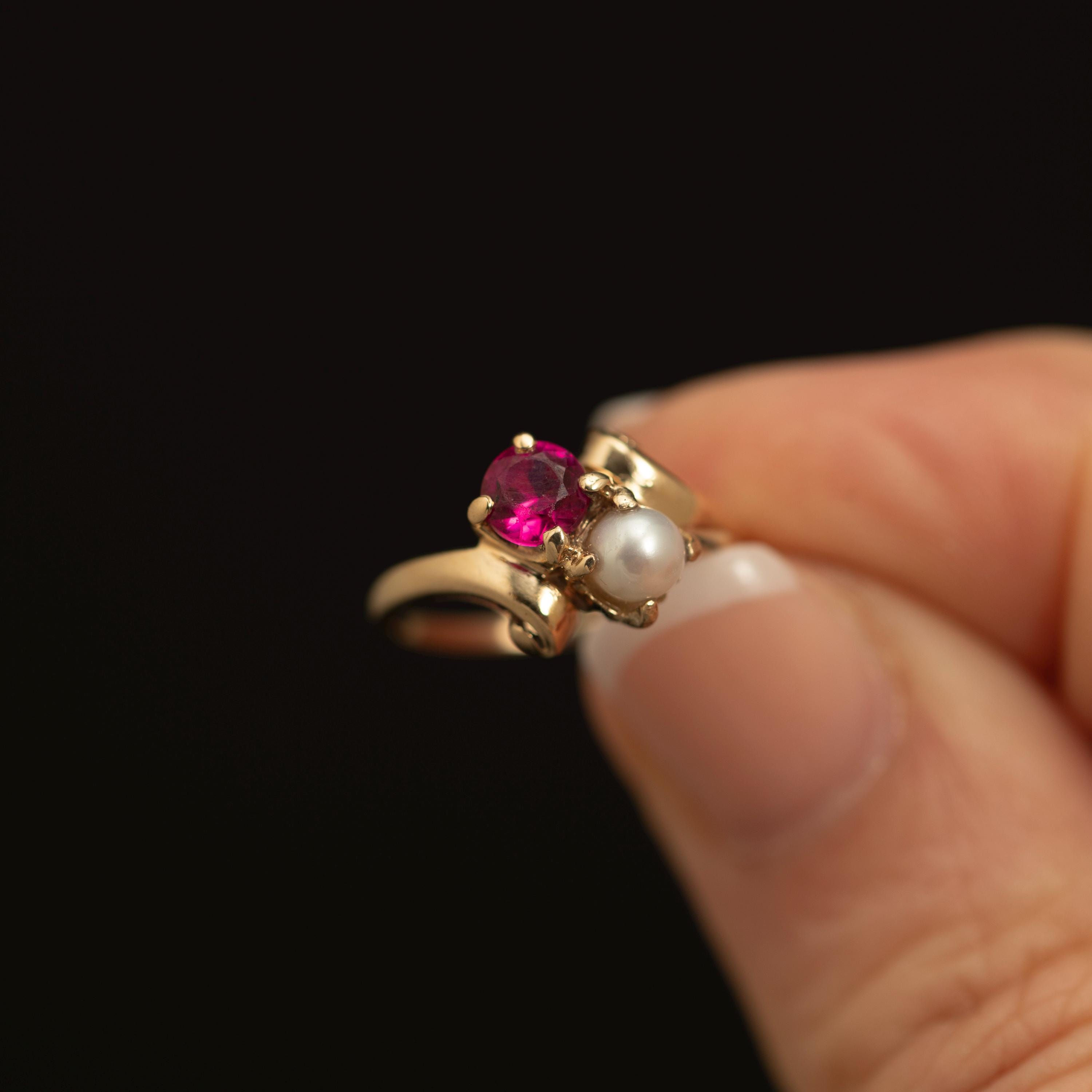 Vintage 10K Gold Ruby & Pearl Ring · Bypass Scroll Design · Size 4