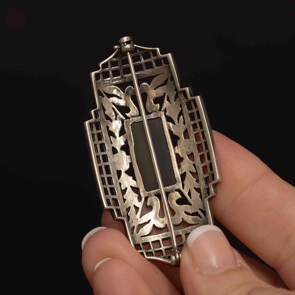 Thumbnail: Sterling Silver Art Deco Style Onyx & Marcasite Brooch - Vintage 1930s-40s, F...