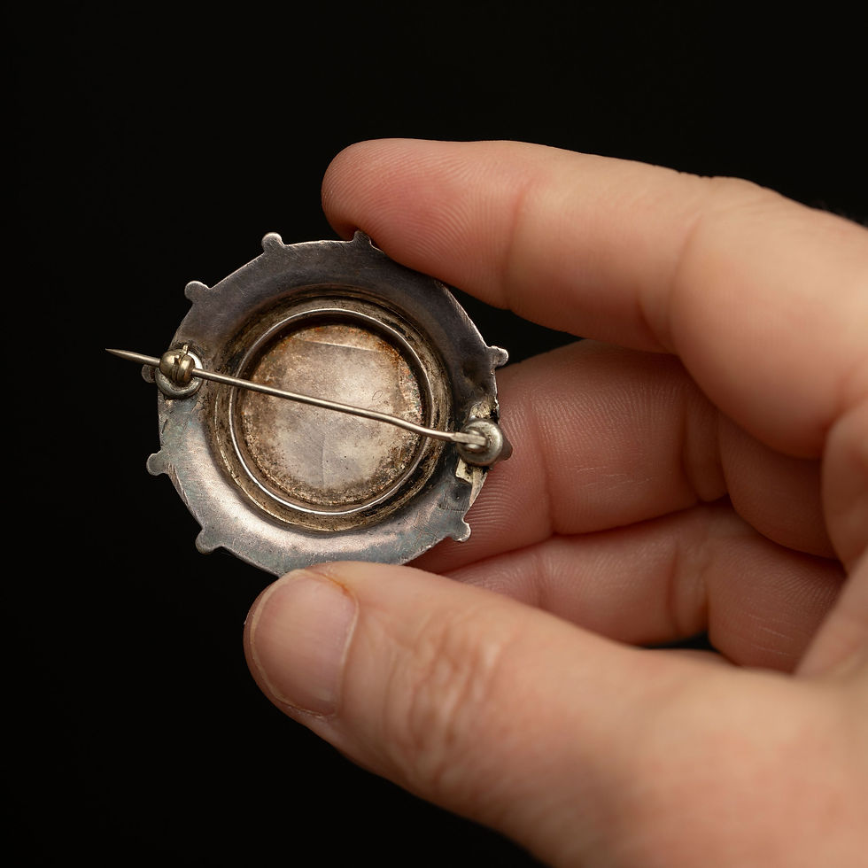 Thumbnail: Round Heron Brooch with Etched Grass Scene in Sterling Silver