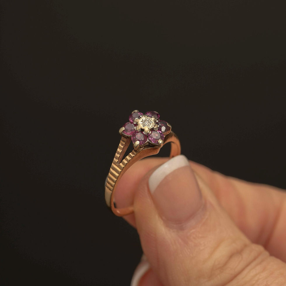 Thumbnail: Vintage 9ct Gold Ruby Cluster Ring · Floral Halo Ring · Size 8.25