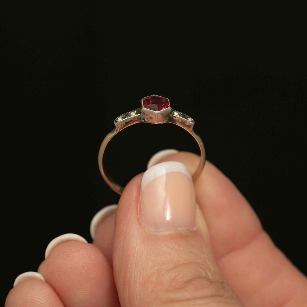 Thumbnail: Antique 9k Gold Ring with Glass Ruby & Clear Stones · Size 8