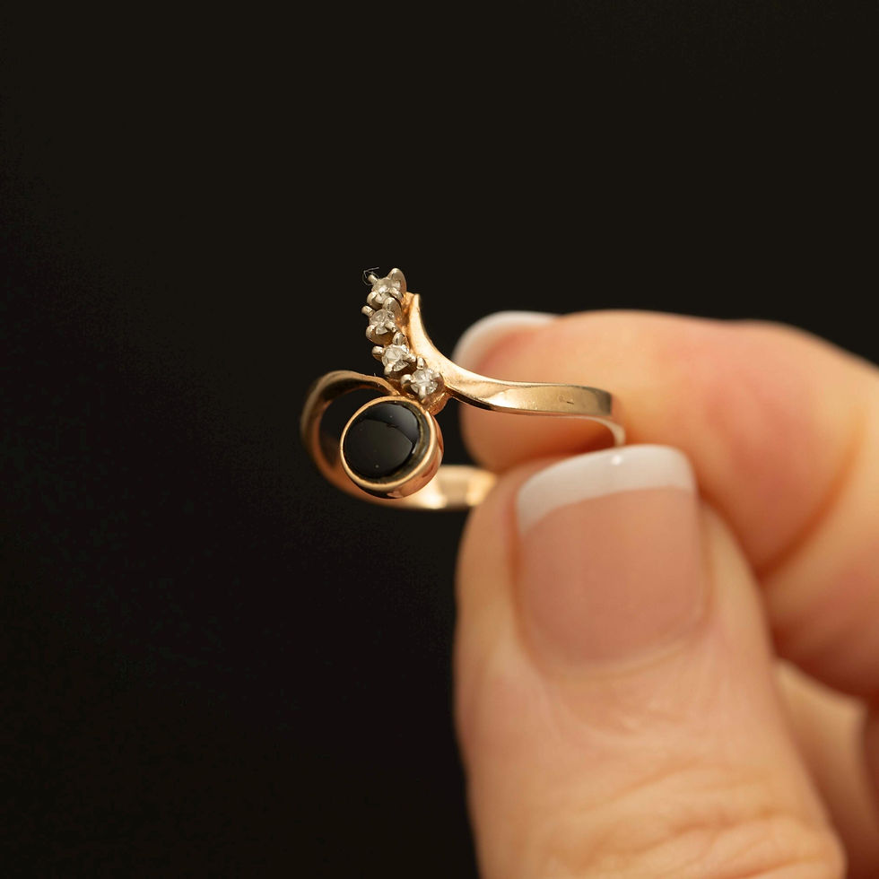 Thumbnail: Vintage 10k Gold Onyx and Diamond Bypass Ring · Unique Modernist Size 6.75