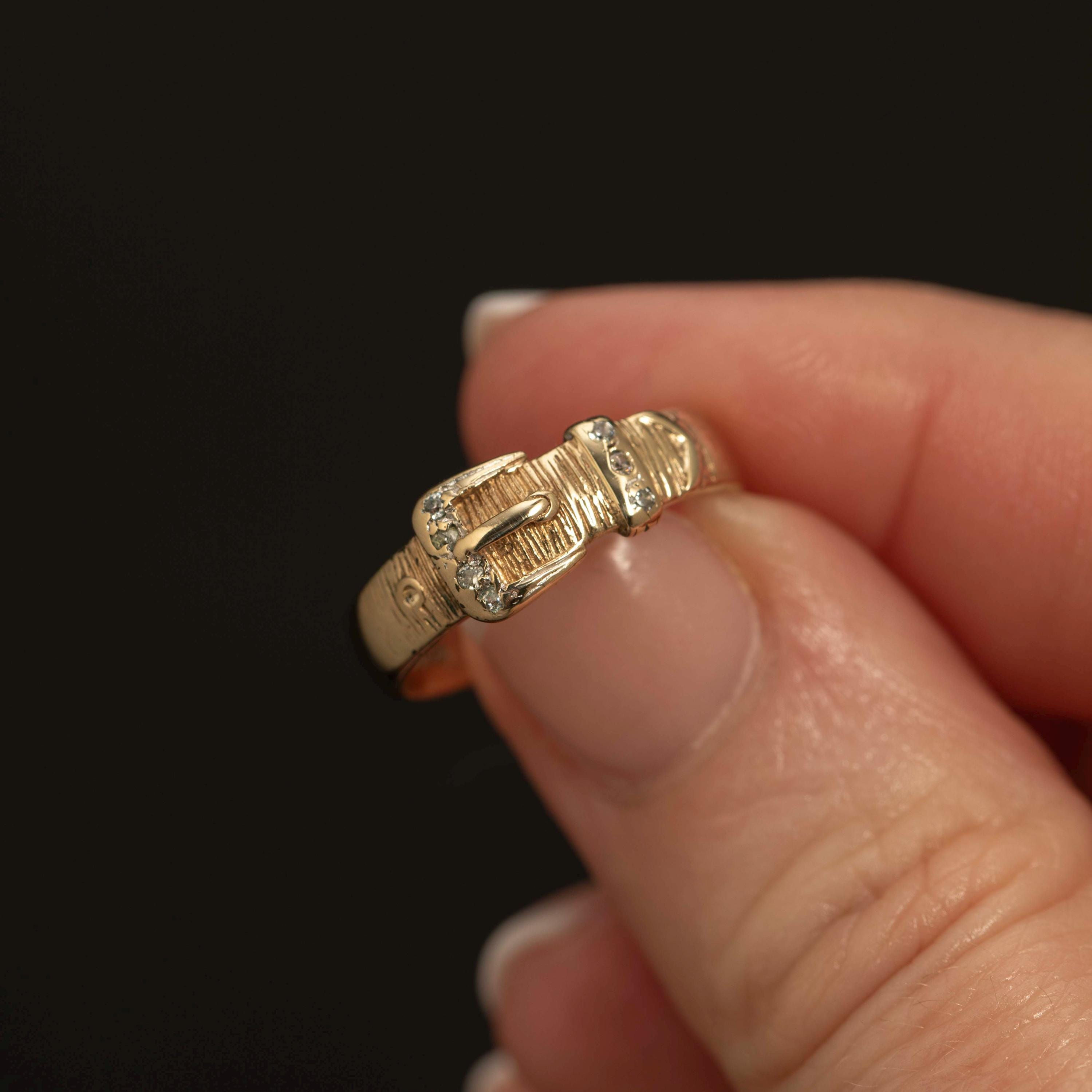 Vintage 9K Gold Diamond Buckle Ring · London 1989 · Belt Motif Band · Size 6.5
