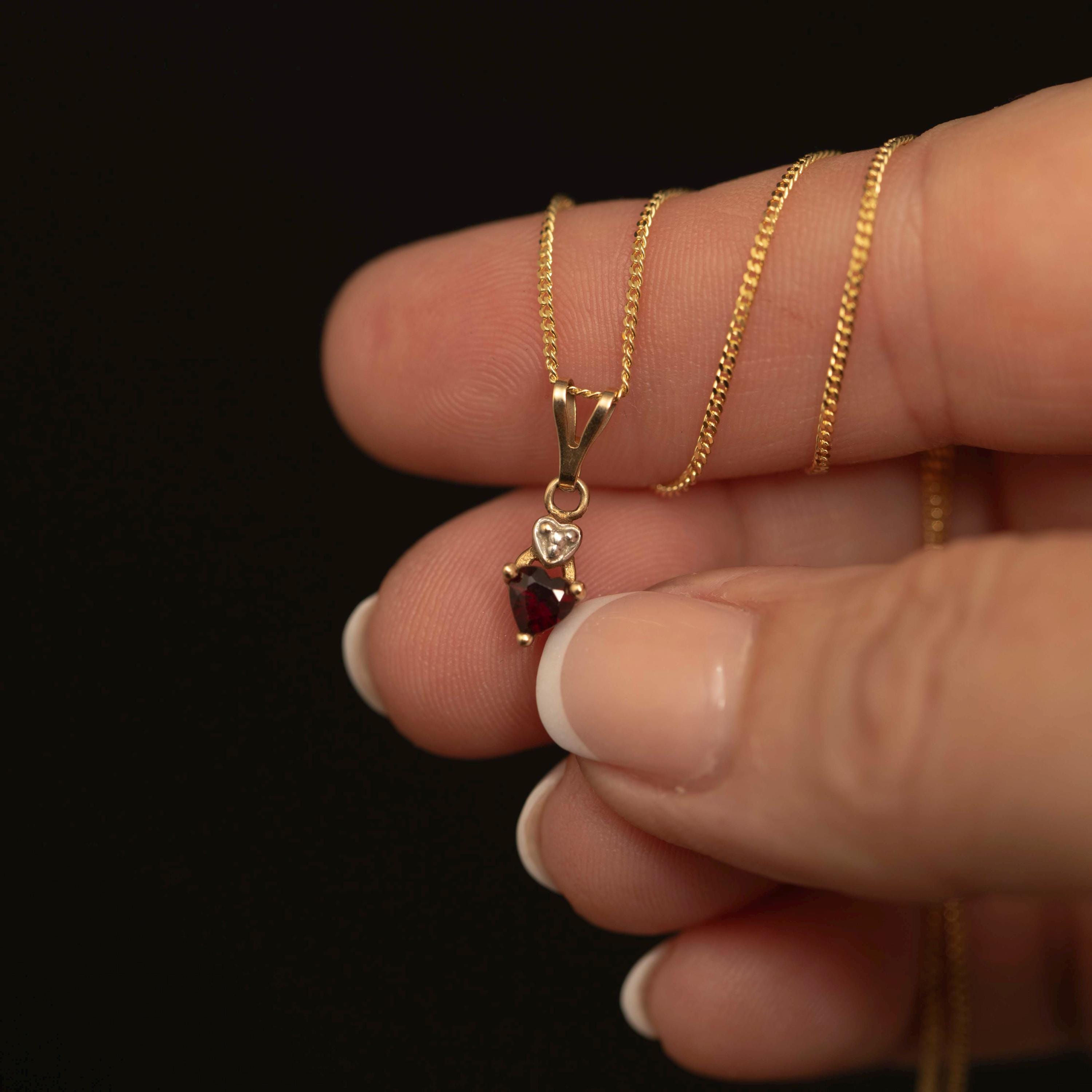 Vintage 10K Gold Garnet Pendant · Heart Accent · Petite Red Garnet Drop