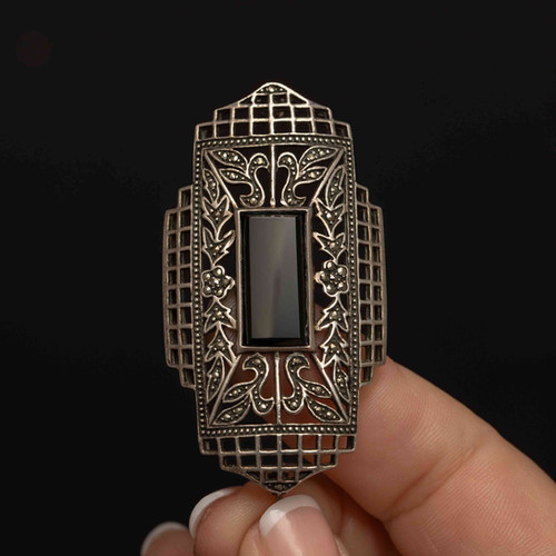 Sterling Silver Art Deco Style Onyx & Marcasite Brooch