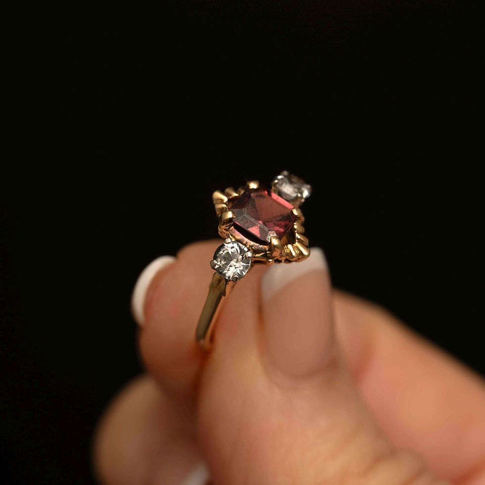 Thumbnail: Vintage 10k Gold Three Stone Ring Pink & White Sapphire Accents Size 5.25