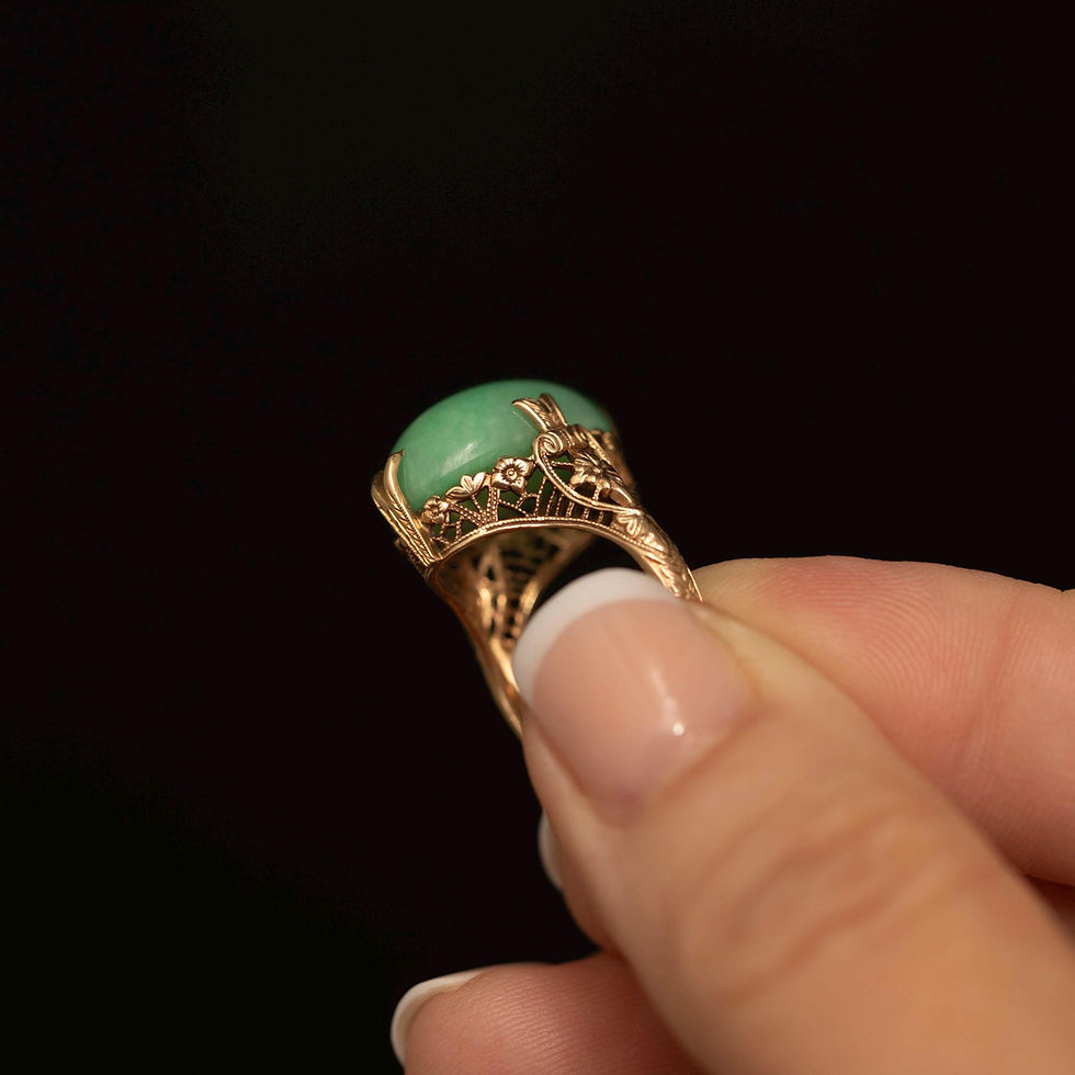 Thumbnail: Antique Jade Ring · 10K Gold Filigree Ring · Apple Green Cabochon · Art Deco Era