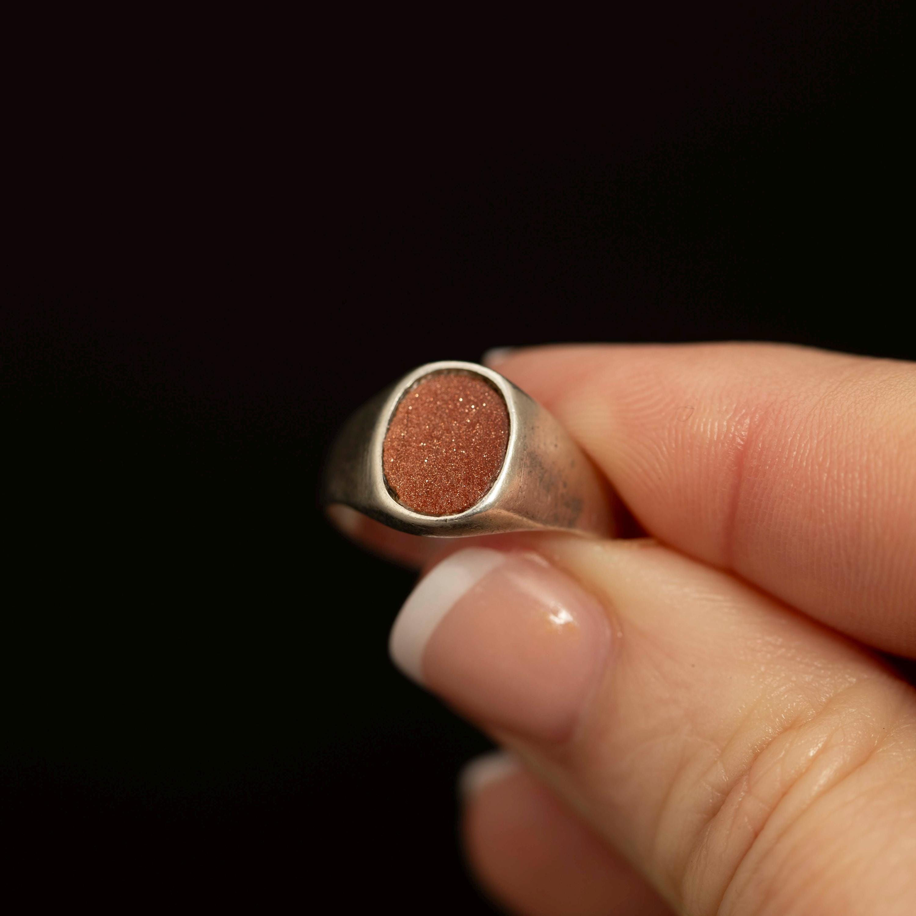 Vintage Mexican Sterling Silver Goldstone Ring · Minimalist Signet · Size 7.25