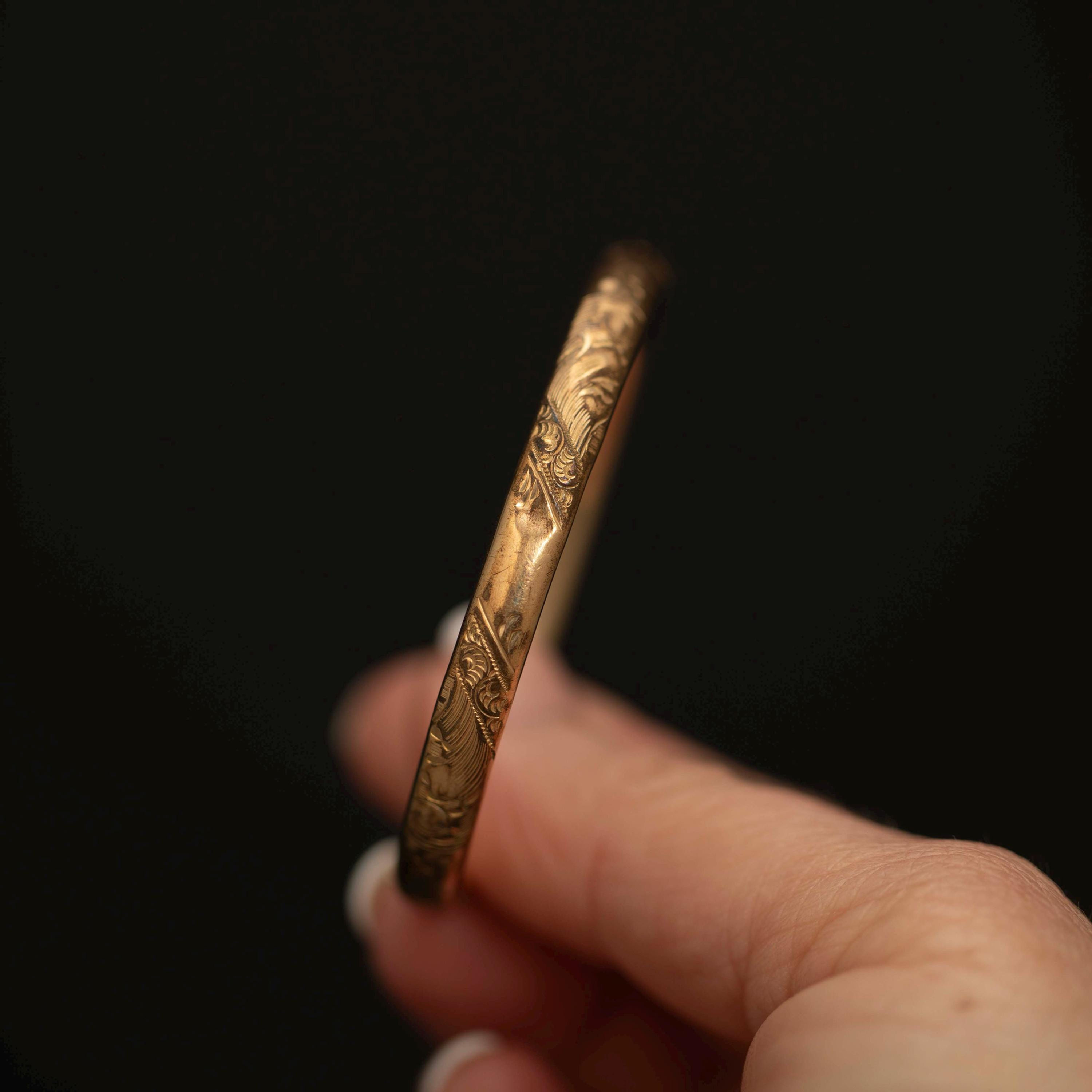 Vintage Rolled Gold Floral Bangle · Engraved Hinged Bracelet · Petite Wrist