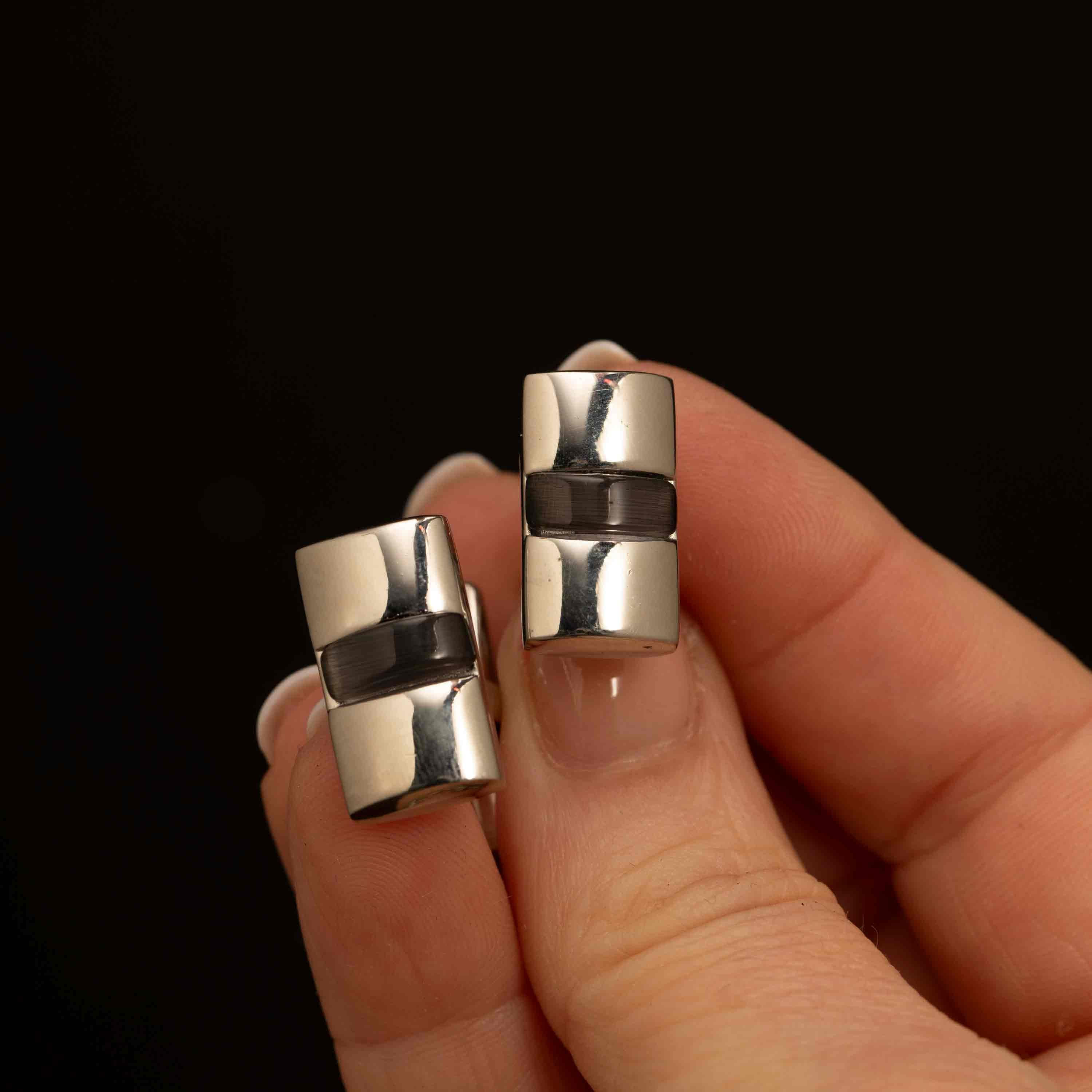 Vintage Modernist Silver-Tone Cufflinks with Black Inset | NOS Mid-Century St...