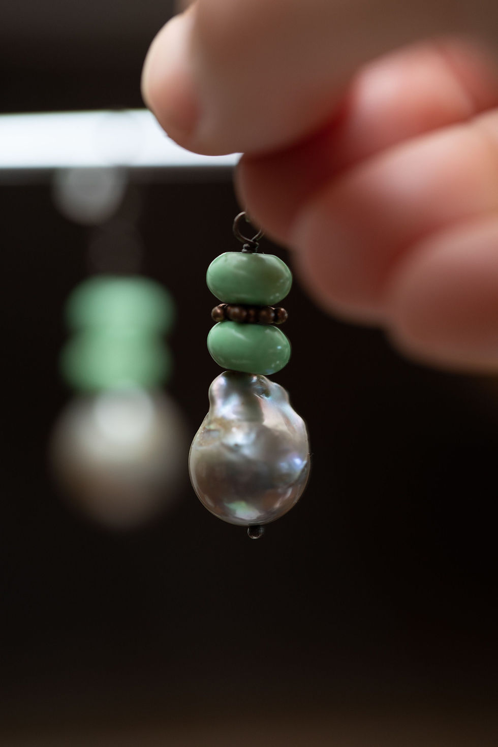 Thumbnail: Silver, Baroque Pearl and Jade Dangle Drop Earrings