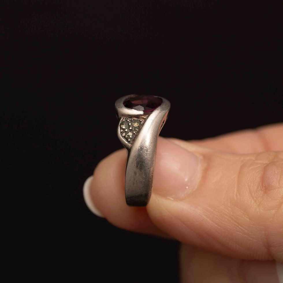Thumbnail: Vintage Sterling Silver Amethyst & Marcasite Bypass Ring · Size 4.75