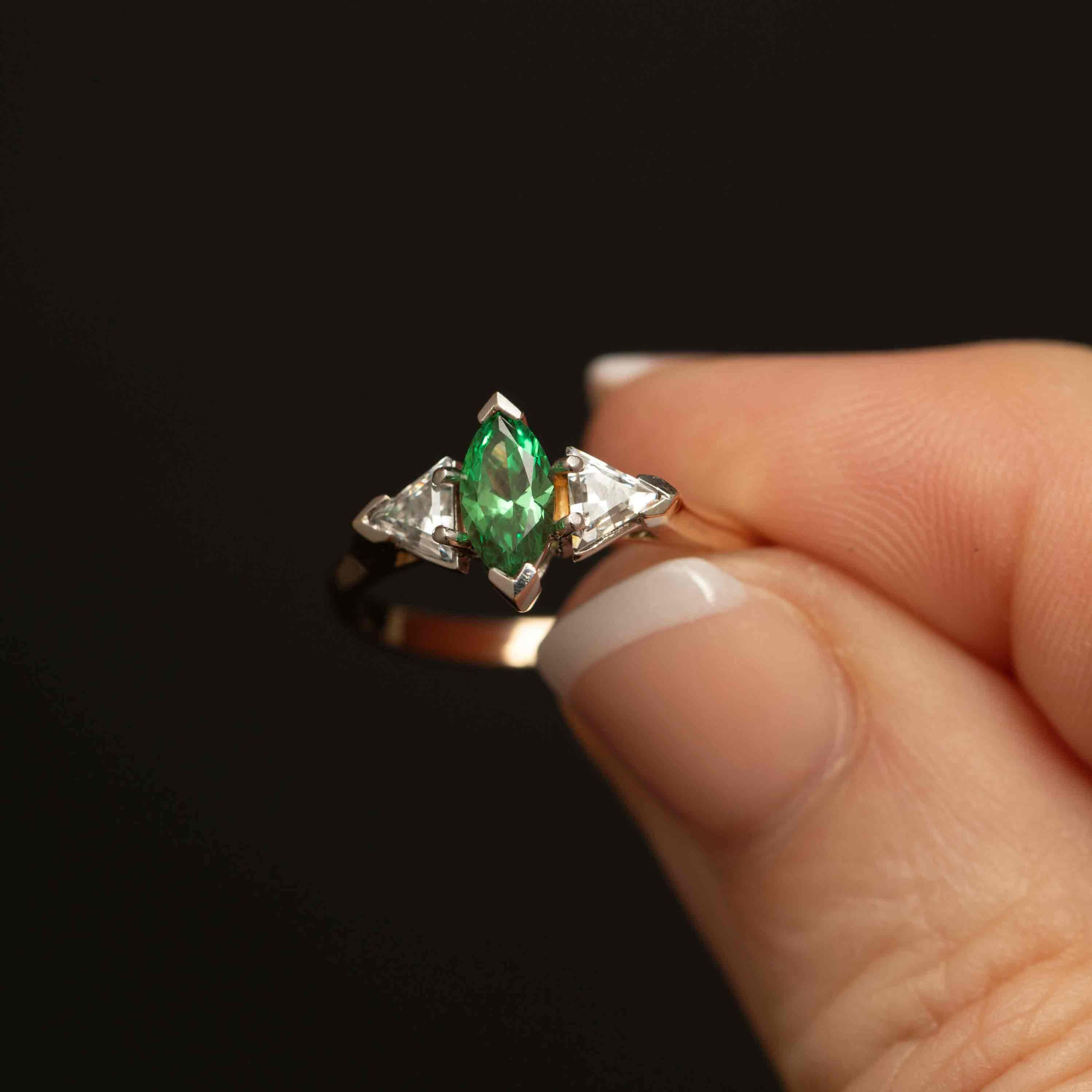 Vintage 10K Gold Marquise Green Spinel & Trillion CZ Ring · Size 6.75