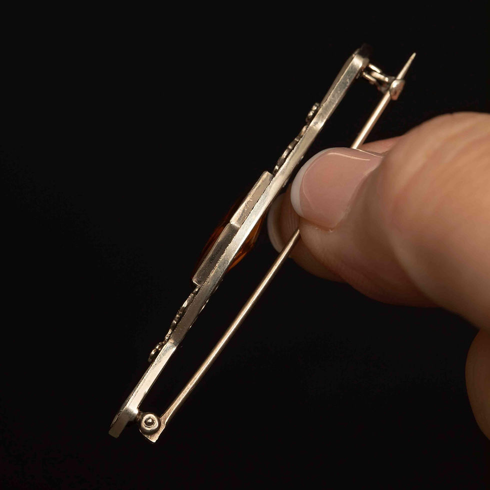 Thumbnail: Art Deco 14k White Gold Bar Pin with Carved Citrine – Filigree Design