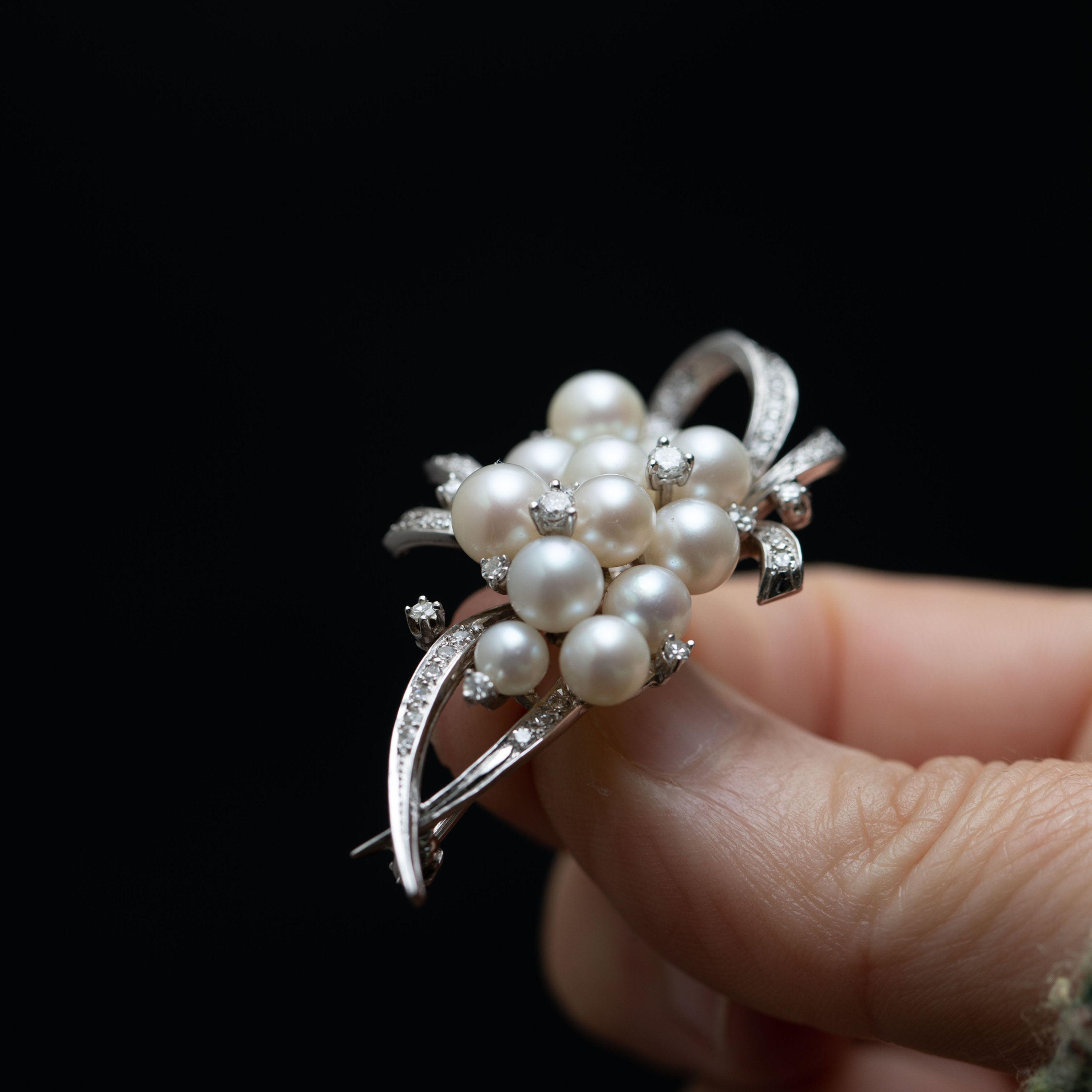 Cultured Pearl and Diamond Brooch Floral Spray - Signed Kurt Wayne
