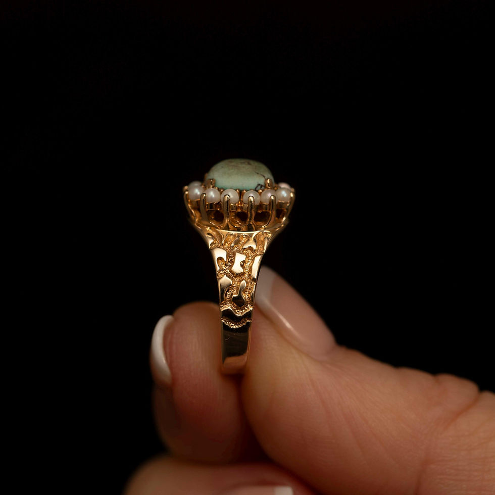 Thumbnail: Vintage 10k Gold Ring with Green Cabochon & Seed Pearls · Size 6.25