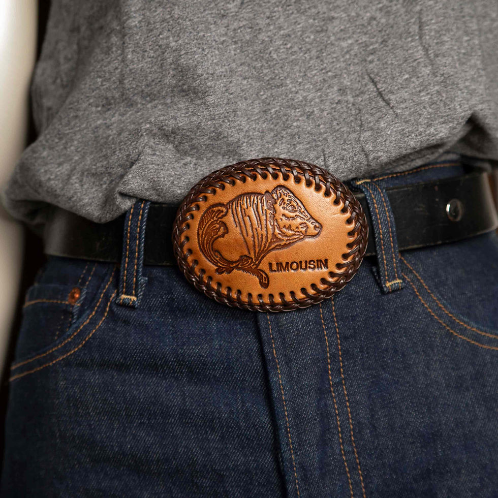 Thumbnail: Handcrafted Leather Belt Buckle with Limousin Beef Cow Design