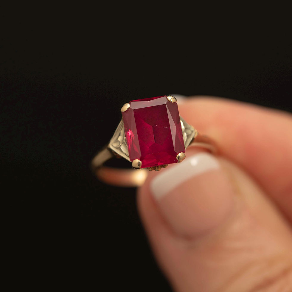 Vintage 10k gold ruby ring with emerald cut red gemstone
