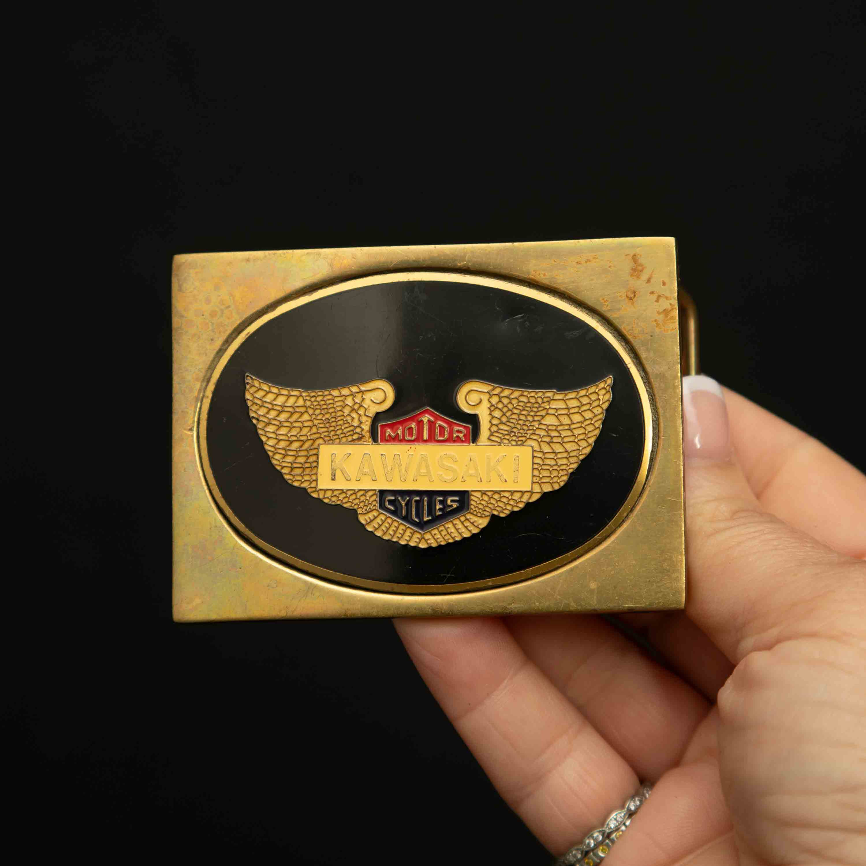 Vintage Brass Kawasaki Motorcycles Belt Buckle with Wing Logo
