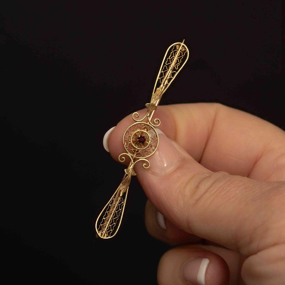 Thumbnail: Vintage 10k Gold Filigree Bow Pin with Red Paste Stone