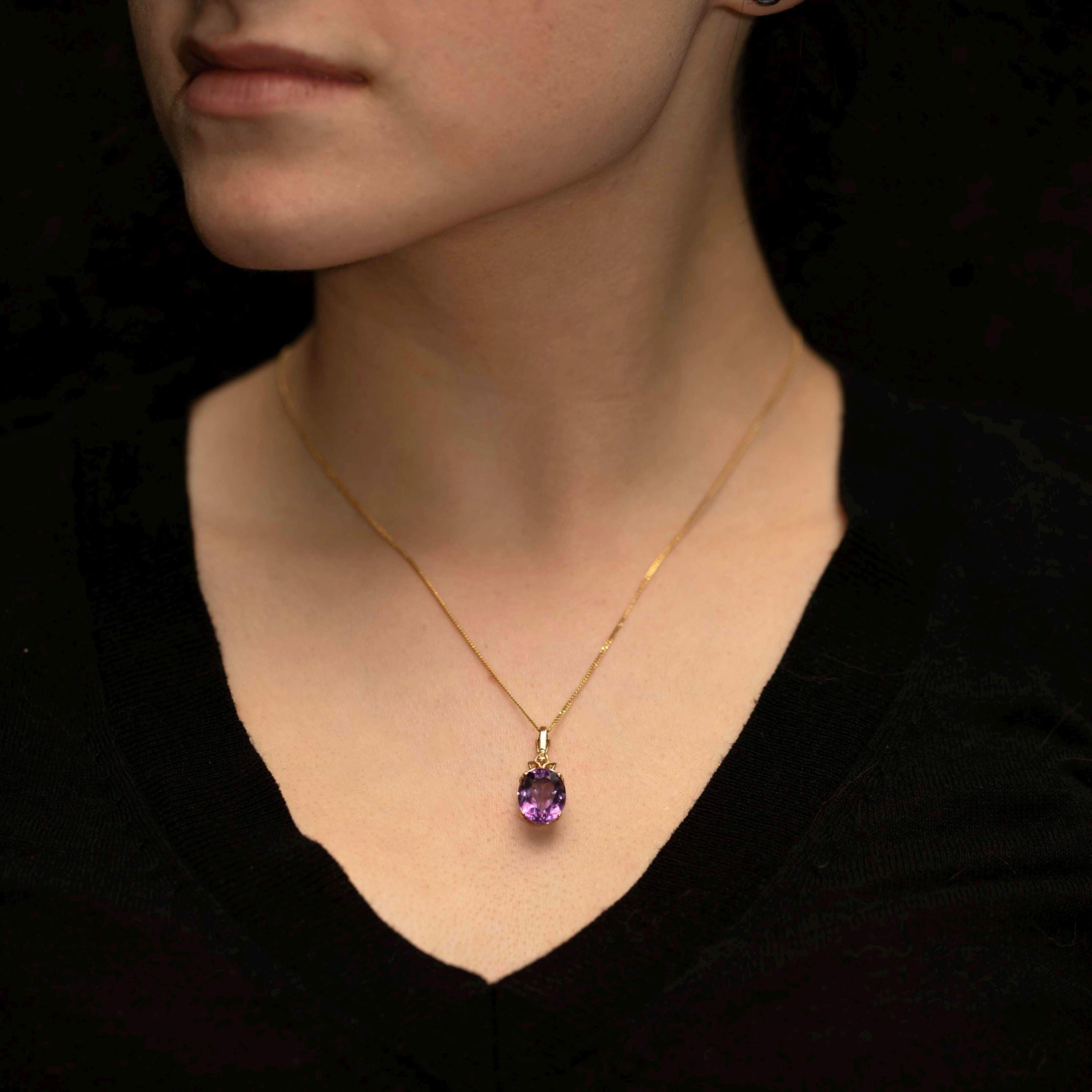 Vintage 9k Gold Amethyst Pendant · Hinged Bail · Diamond Accent