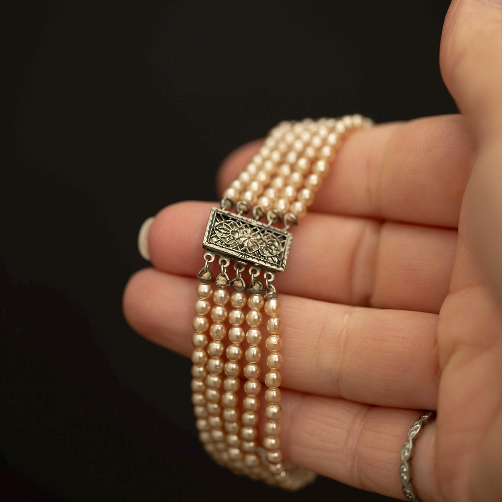 Thumbnail: Vintage Five Strand Faux Pearl Bracelet · Silver Tone Clasp