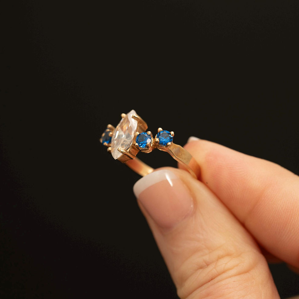 Thumbnail: Vintage 10K Gold Blue Spinel & Marquise CZ Ring, Three Stone Style, Size 6.75
