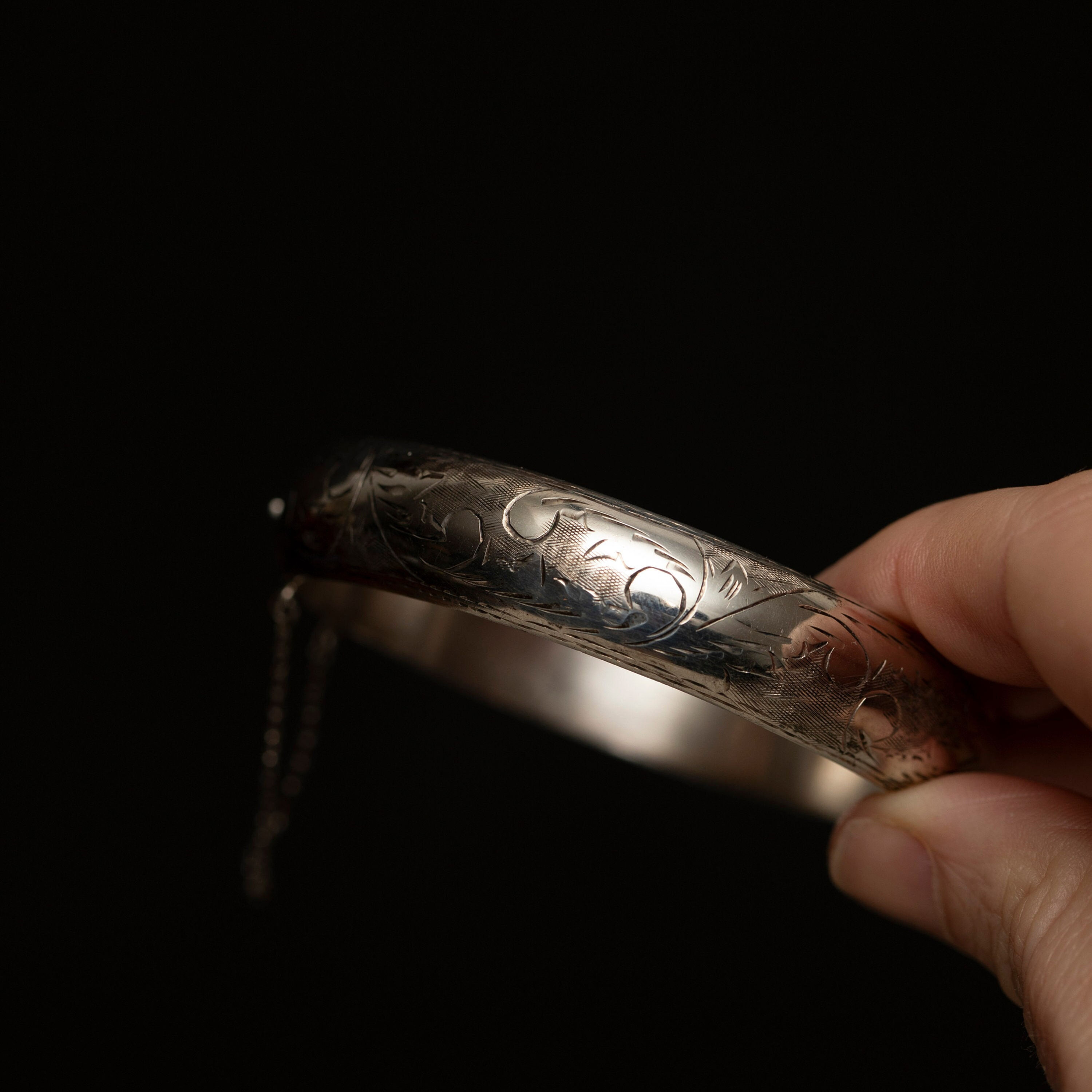 Silver Bangle with Hand Engraved Design and Secure Clasp - JPV Maker's Mark