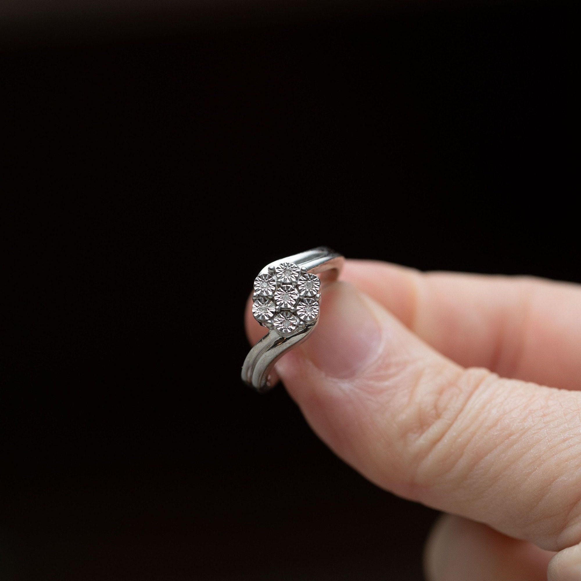 Vintage Sterling Silver Diamond Flower Ring · Size 7