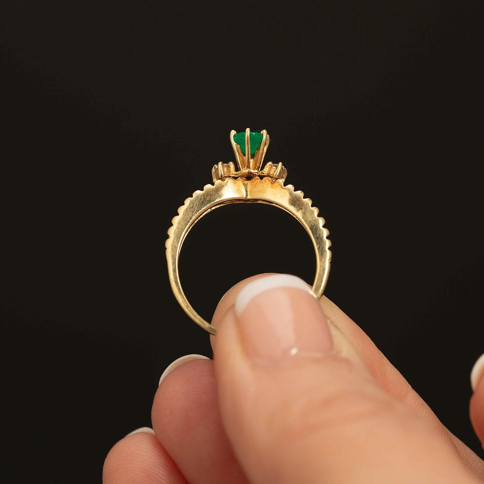 Thumbnail: Vintage 14k Gold Emerald Diamond Ring · Petite Three Stone · Classic Design