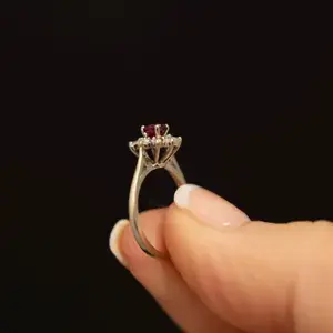 Thumbnail: Vintage 18K White Gold Ruby Diamond Flower Cluster Ring · Natural Stones