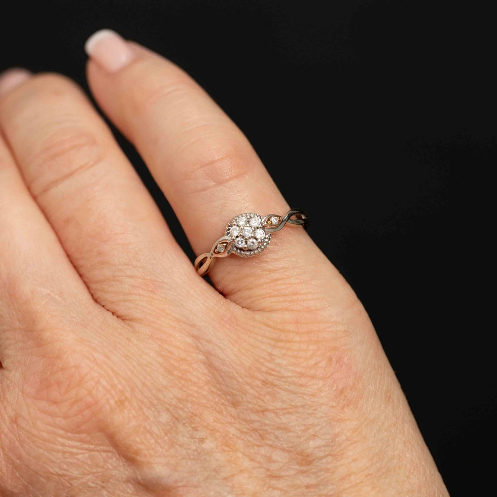 Thumbnail: 10K White Gold Diamond Cluster Ring with Rose Gold Accents - Elegant Swirl De...