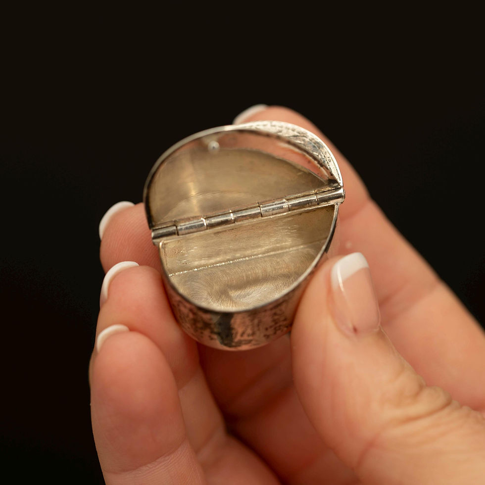 Interior view of vintage silver hinged keepsake box