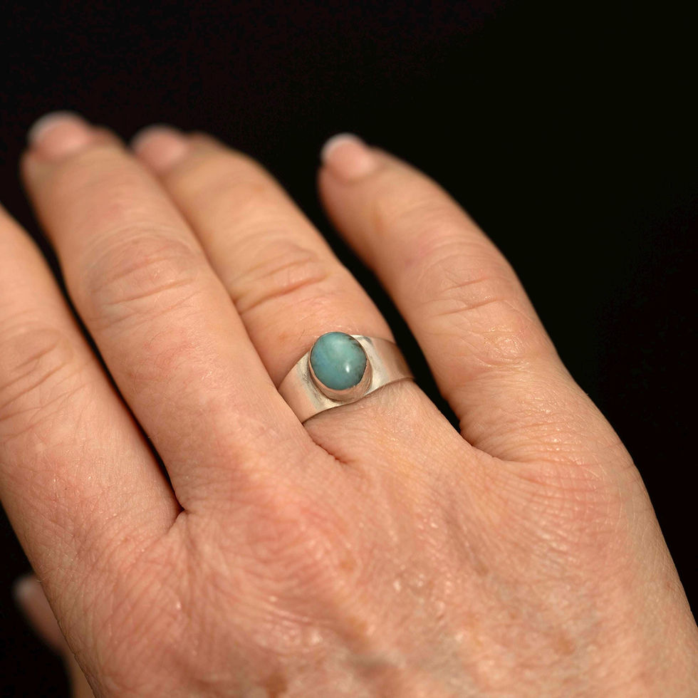Thumbnail: Vintage Larimar Cabochon Ring · Sterling Silver Modernist Band