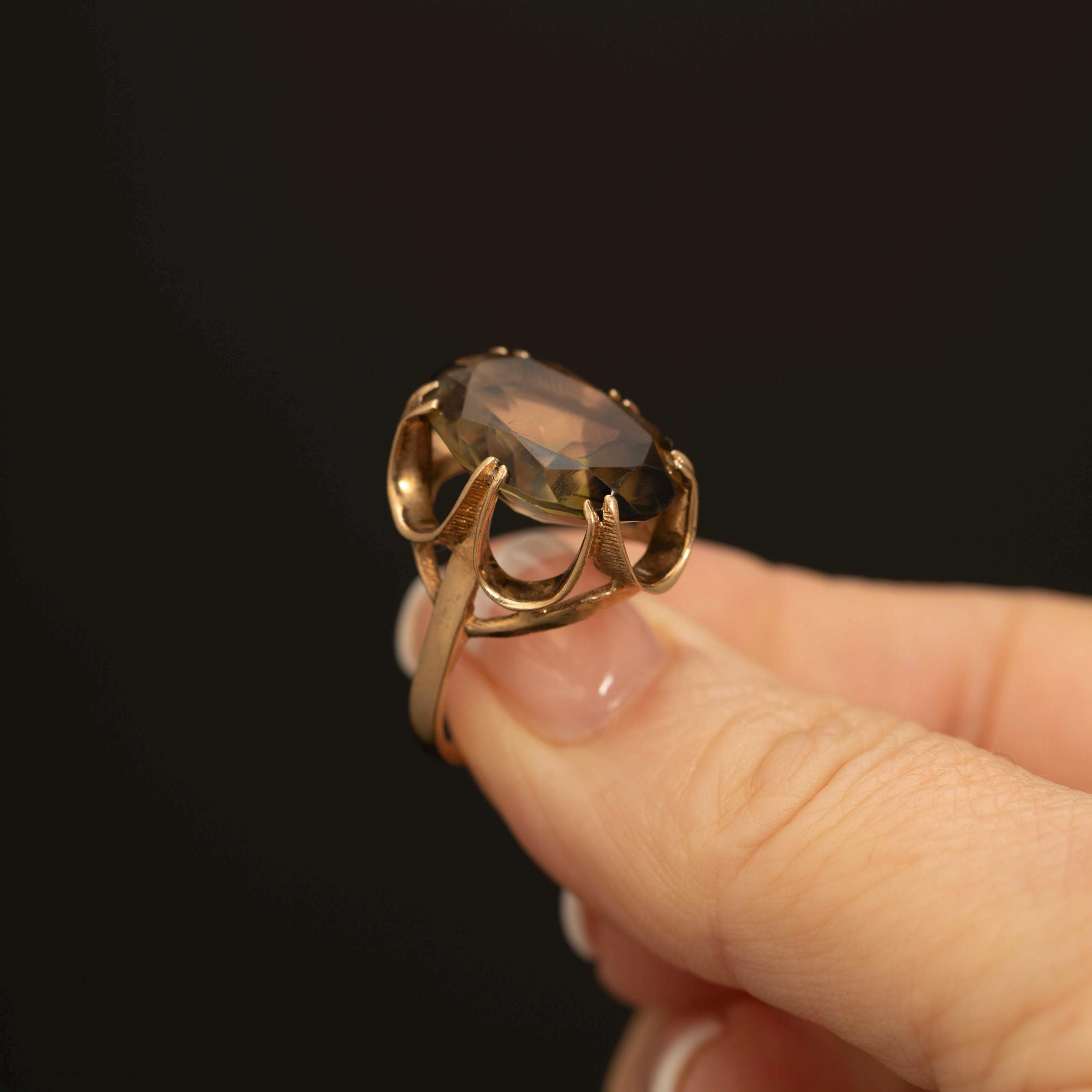 9K Gold Smoky Topaz Cocktail Ring · London 1988 · Statement Oval