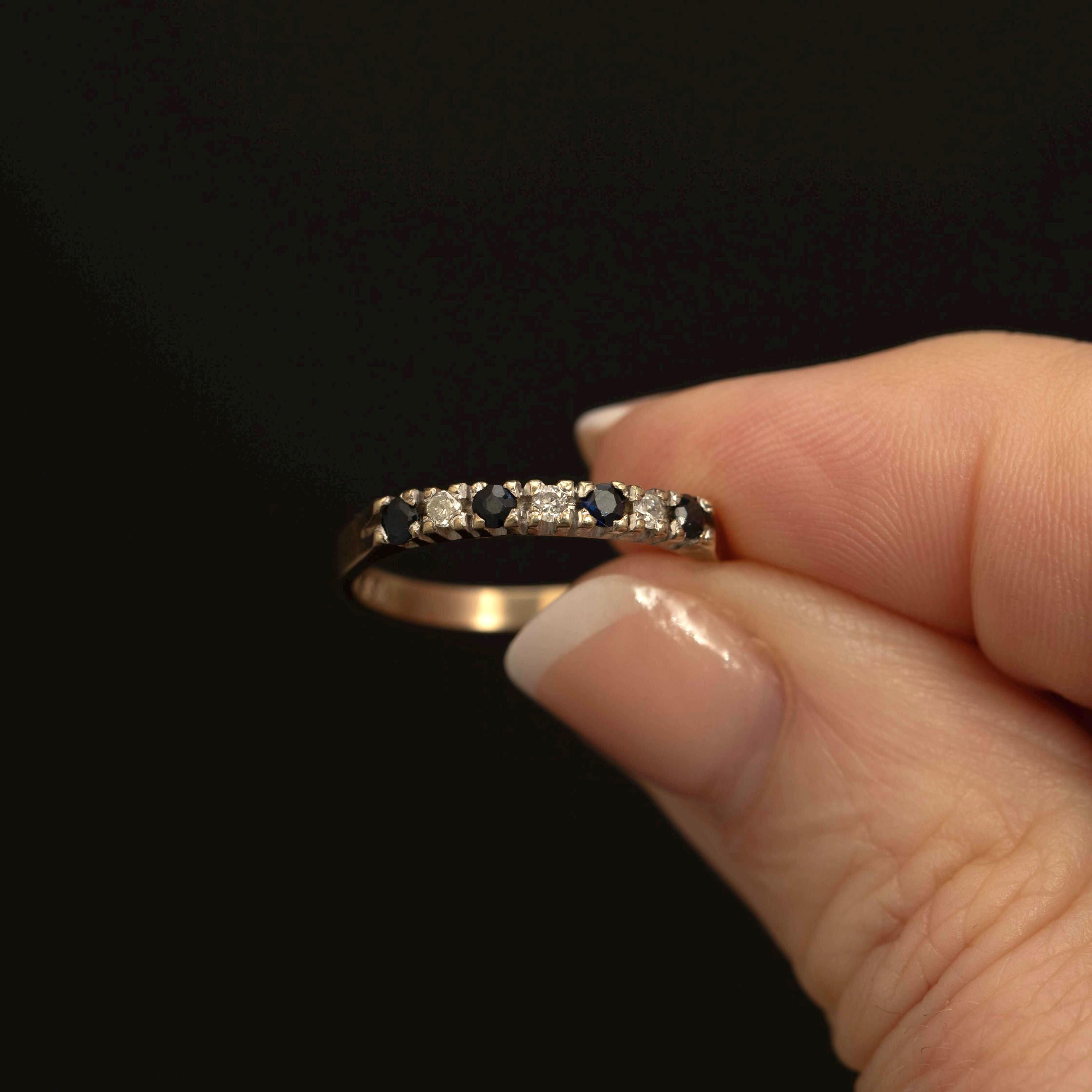 Vintage 9k Gold Sapphire & Diamond Band Ring, Birmingham 1985, Size 7.25